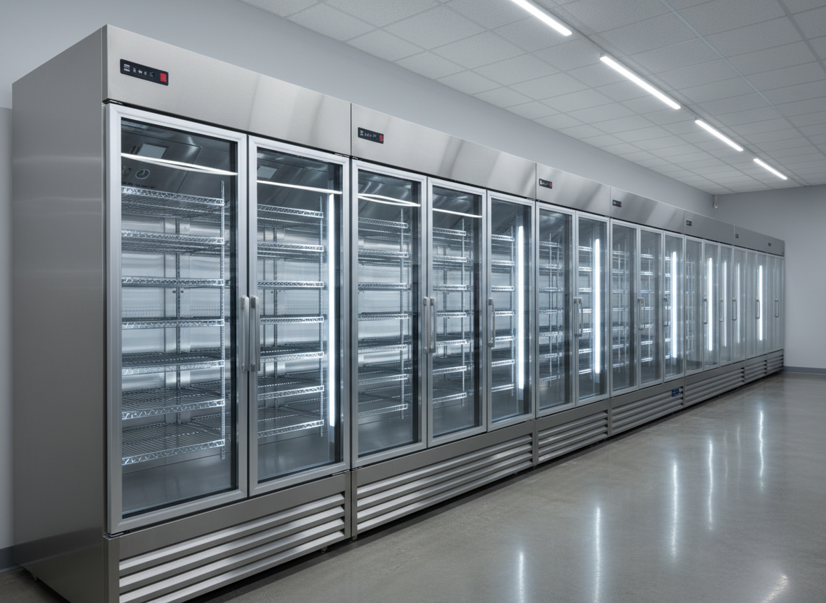 A row of spotless stainless steel commercial refrigeration units with glass doors, each interior neatly organized with evenly spaced empty chrome shelving, standing against a clean, light gray wall in a modern commercial kitchen showroom. The polished concrete floor reflects the lower edges of the units. Cool, bright overhead LED lighting creates crisp reflections on the brushed metal surfaces and soft, linear shadows behind. Shot at eye level with a wide-angle lens, the full row is visible, leading the eye into the distance. The mood is professional, precise, and highly organized, emphasizing reliability and cleanliness in a photographic realism style suited for a commercial refrigeration specialist.