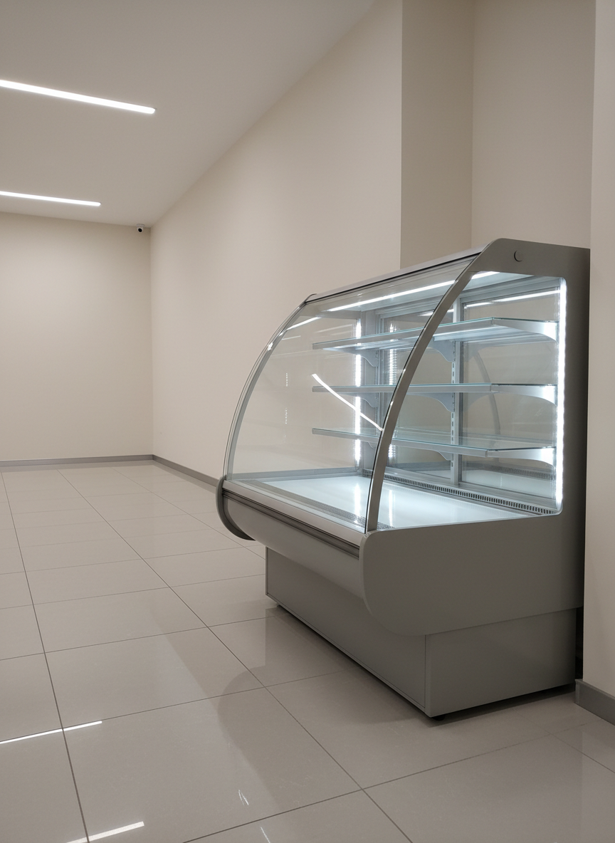 A commercial refrigerated display case with crystal-clear curved glass, empty tempered glass shelves, and integrated LED lighting, set within a minimalist retail environment with neutral walls and smooth tile flooring. The cool internal lights bathe the interior in a clean, white glow, creating soft reflections on the glass and polished metal trim. Ambient ceiling lighting adds gentle illumination to the surroundings without overpowering the case. Photographed from a three-quarter front angle at eye level, the composition uses the rule of thirds to feature the case prominently while allowing a subtle sense of the broader space. The atmosphere is modern, inviting, and highly professional, ideal for showcasing the capabilities of commercial refrigeration in realistic photographic style.