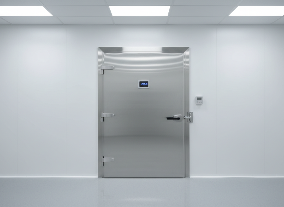 A large, high-capacity stainless steel walk-in cooler door flush with a pristine white insulated wall in a commercial facility corridor, the heavy-duty hinges, latching handle, and digital temperature display shown in sharp detail. The smooth epoxy floor has a subtle sheen, reflecting a faint outline of the door. Cool, evenly distributed overhead fluorescent lighting creates soft, directionless shadows, highlighting the thickness and robust construction. Captured from a slightly low angle to emphasize durability and scale, with a centered, symmetrical composition. The atmosphere is controlled, secure, and technical, communicating industrial-grade reliability in clean, modern photographic realism without any human presence.