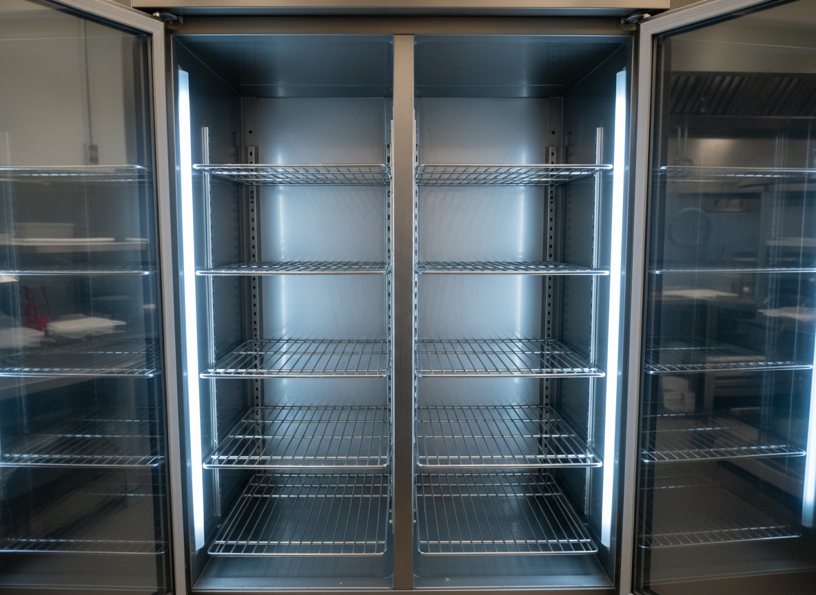 The interior of an illuminated commercial reach-in refrigerator, doors open to reveal gleaming wire racks and mirrored side panels, entirely empty and freshly cleaned. The cool white LED strip lights along the door frames cast a crisp, bluish glow, highlighting the texture of the chrome shelving and subtle condensation-free glass. The background is softly blurred stainless steel kitchen equipment. Captured from a slightly elevated, close-up angle looking into the cabinet, with sharp focus on the front racks and gradual falloff toward the back. The mood is clinical, efficient, and ready for service, conveying the precision and performance of commercial refrigeration in photographic realism.