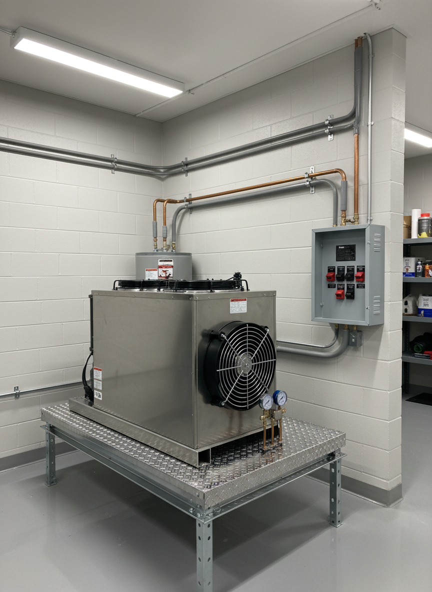A tidy mechanical room featuring a commercial refrigeration condensing unit mounted on a reinforced metal platform, insulated copper refrigerant lines neatly routed along a smooth painted wall, and a labeled electrical panel nearby. The condensing unit’s compressor, fan housing, and gauges are clearly visible, with clean metal surfaces and neatly bundled wiring. Neutral overhead LED lighting provides even, shadow-free illumination, emphasizing order and technical clarity. Shot at a three-quarter angle, eye level, with balanced composition that keeps the condensing unit as the main subject and the surroundings slightly receding in focus. The mood is technical, professional, and trustworthy, representing expert installation and maintenance in realistic, clean photographic style.