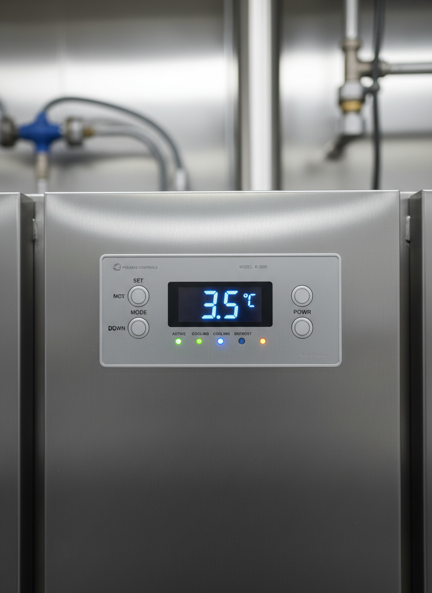 A detailed close-up of a commercial refrigeration control panel mounted on a stainless steel unit, featuring a bright digital temperature display, labeled buttons, and indicator lights, all set against the smooth brushed metal surface. The numbers on the display glow cool blue against a dark background, showing stable, precise temperature. Soft, diffused overhead lighting reflects gently off the metal, creating subtle gradients without harsh glare. The background fades into a soft bokeh of other metallic equipment. Captured straight-on with a shallow depth of field to isolate the controls, the mood is high-tech, dependable, and meticulously engineered, conveying the precision and professionalism of a commercial refrigeration specialist in photographic realism.